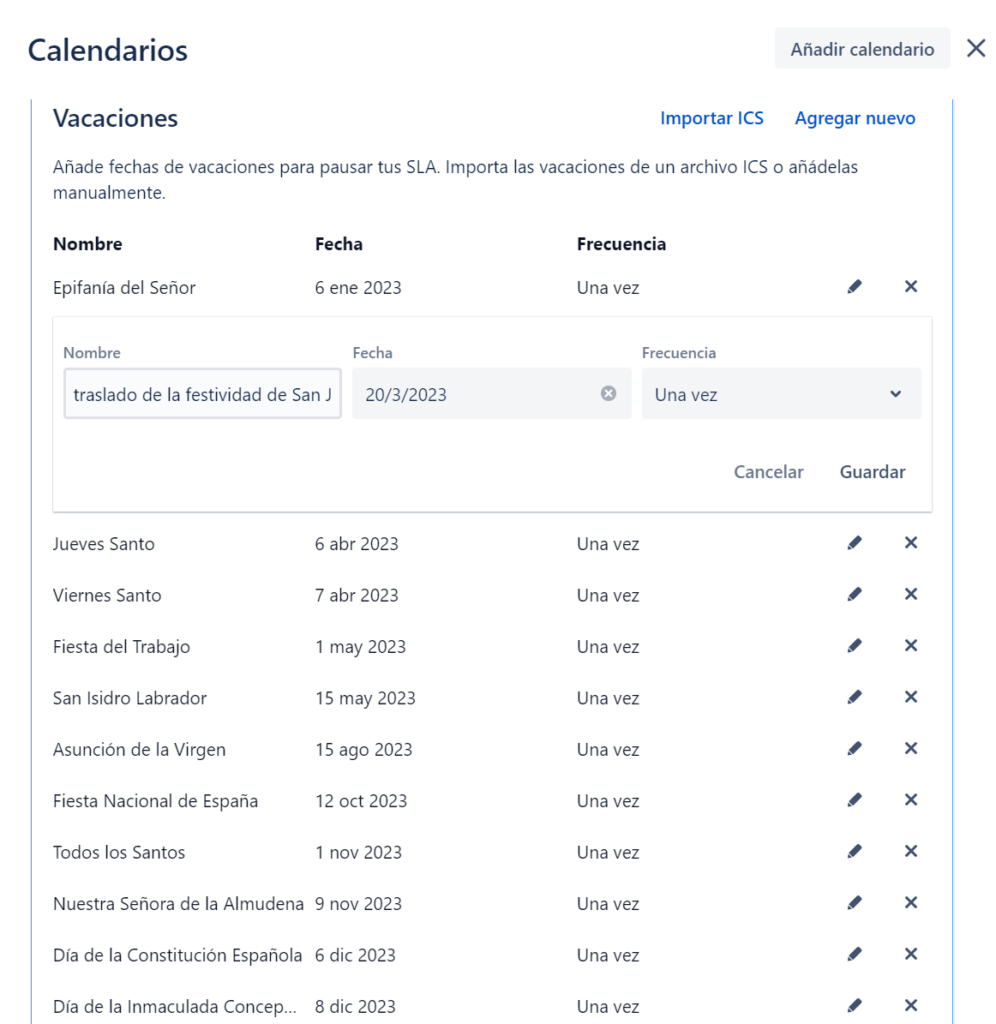 Modificación datos calendario