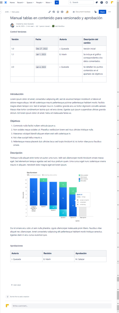Tablas en el contenido de un documento para registrar los cambios y aprobaciones
