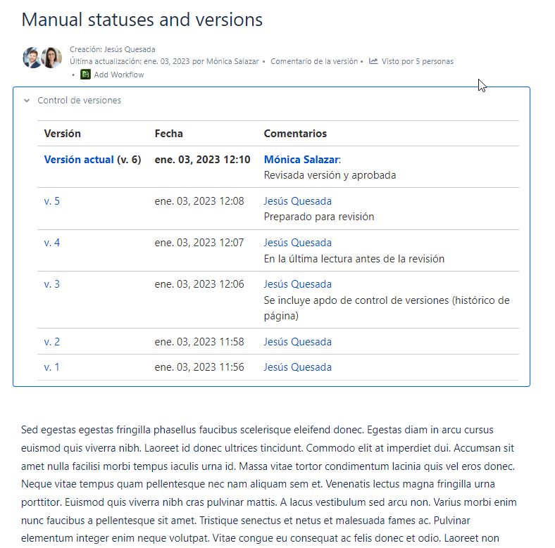 Change History para el mantenimiento de las versiones