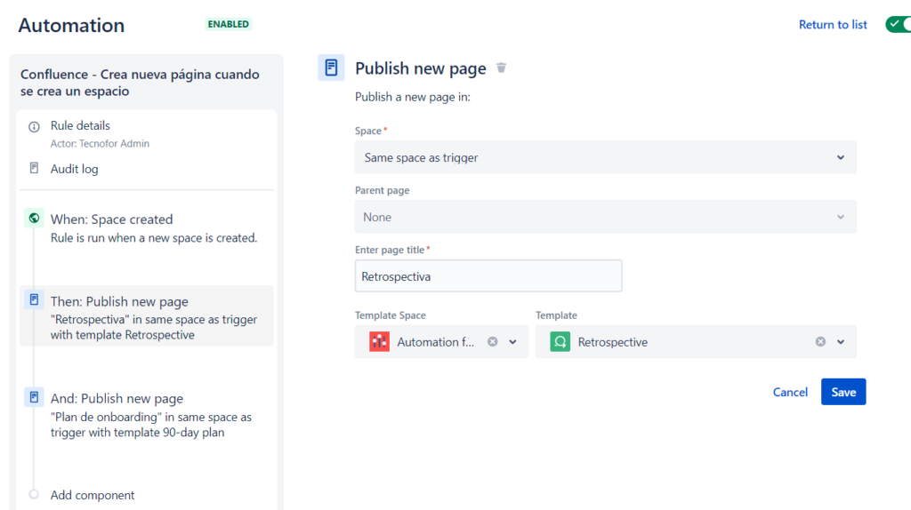 Automation rule to create new page