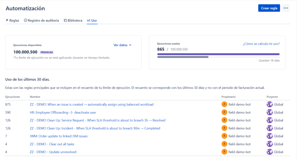 Límite ejecuciones disponibles