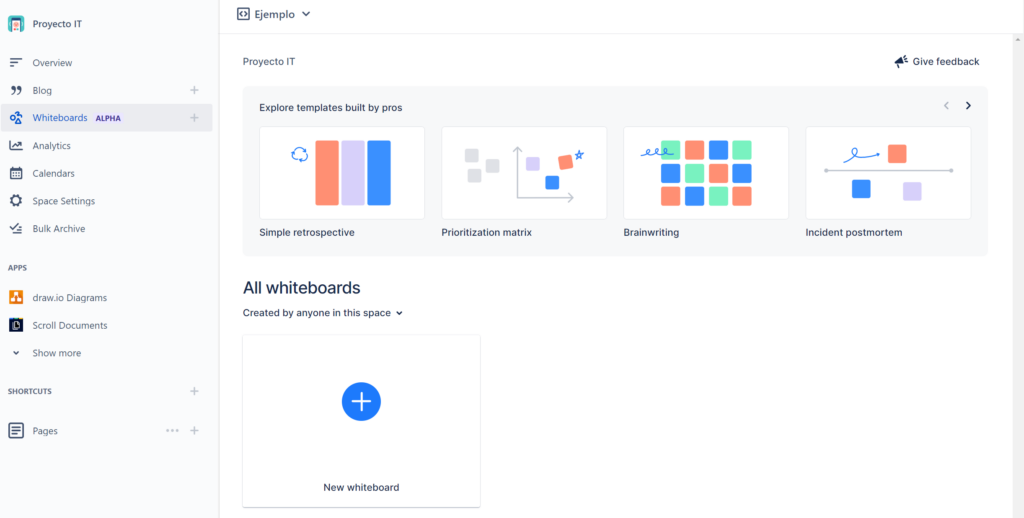 Confluence Whiteboards menu