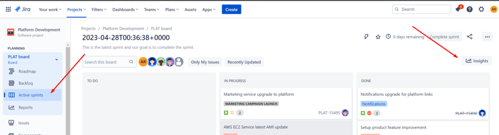 Insights menu in scrum board