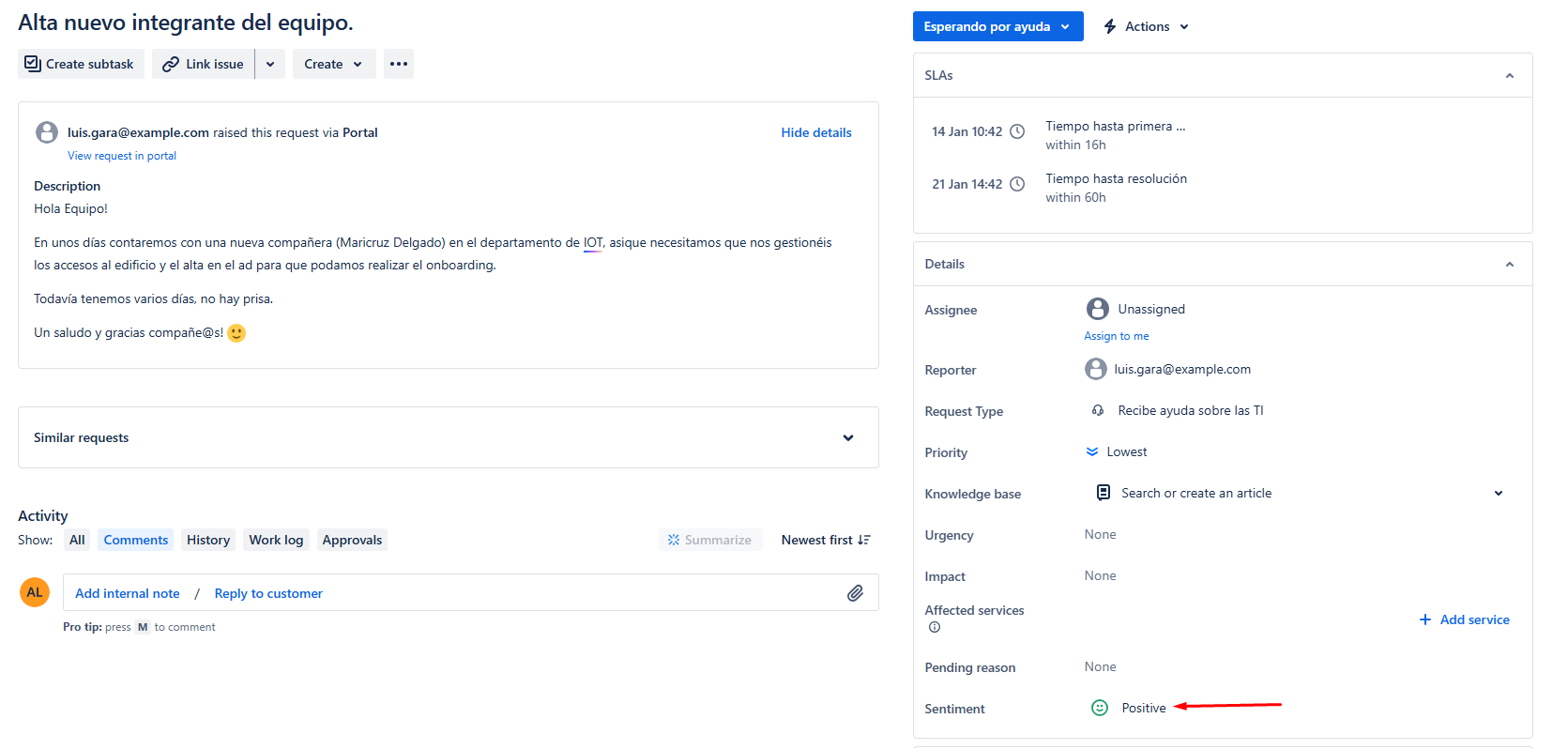 Ejemplo ticket positive sentiment